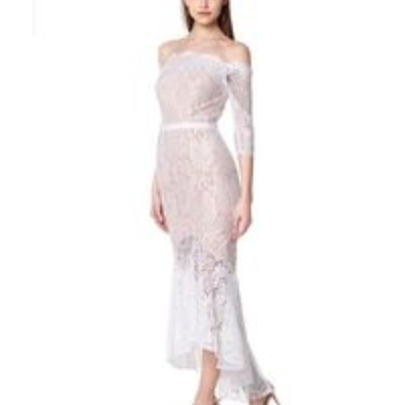 Jarlo Delilah Bardot Lace High Low Midi Dress NWT - Picture 2 of 6